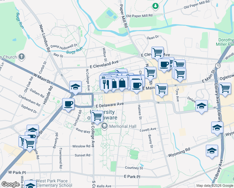 map of restaurants, bars, coffee shops, grocery stores, and more near 83 East Main Street in Newark