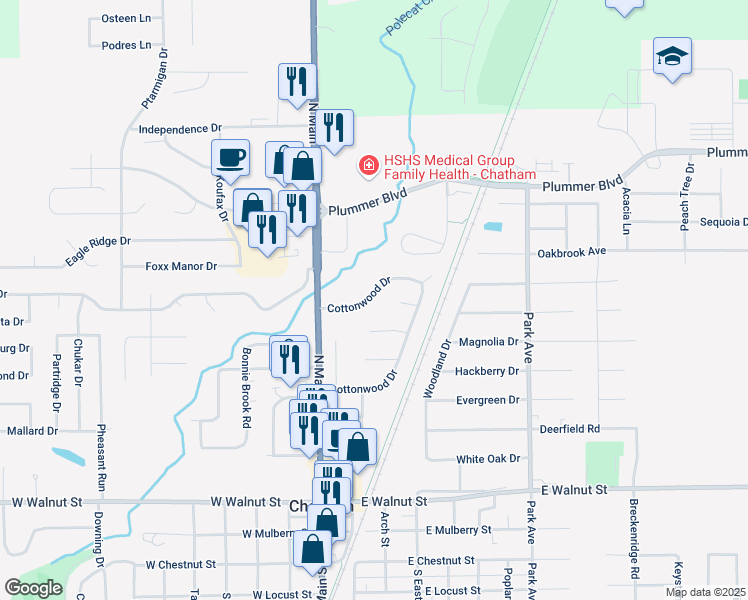 map of restaurants, bars, coffee shops, grocery stores, and more near 117 Cottonwood Drive in Chatham