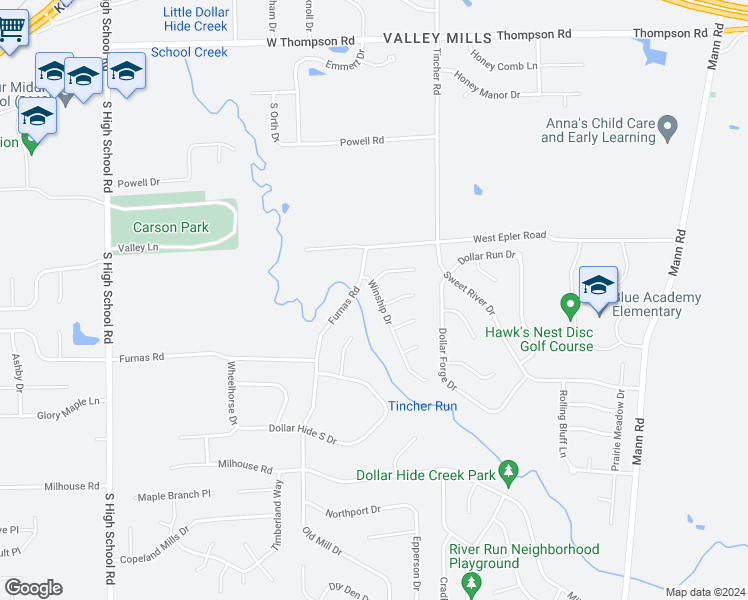map of restaurants, bars, coffee shops, grocery stores, and more near 5606 Winship Drive in Indianapolis