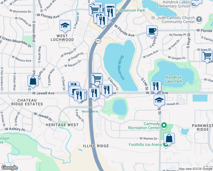 map of restaurants, bars, coffee shops, grocery stores, and more near 10555 West Jewell Avenue in Lakewood