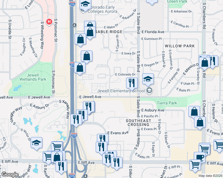 map of restaurants, bars, coffee shops, grocery stores, and more near 14131 East Jewell Avenue in Aurora
