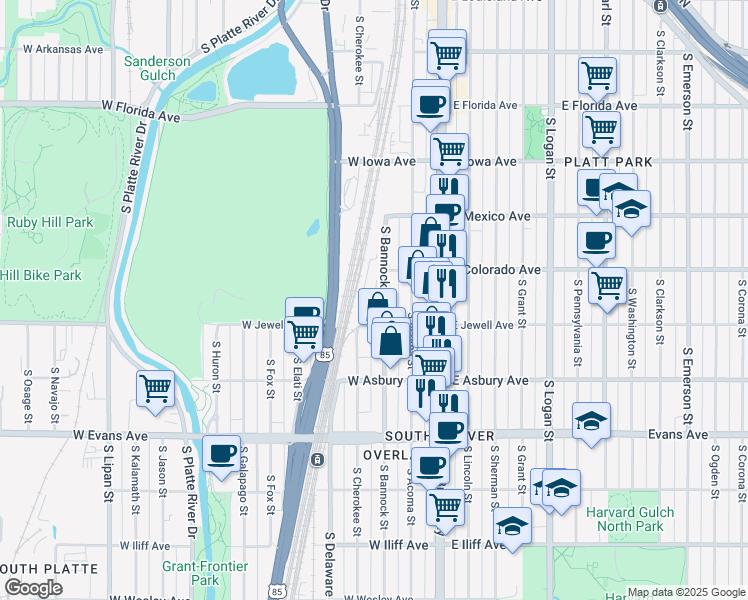 map of restaurants, bars, coffee shops, grocery stores, and more near 1835 South Bannock Street in Denver