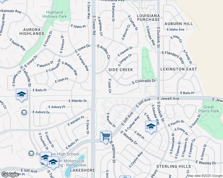 map of restaurants, bars, coffee shops, grocery stores, and more near 18784 East Utah Circle in Aurora