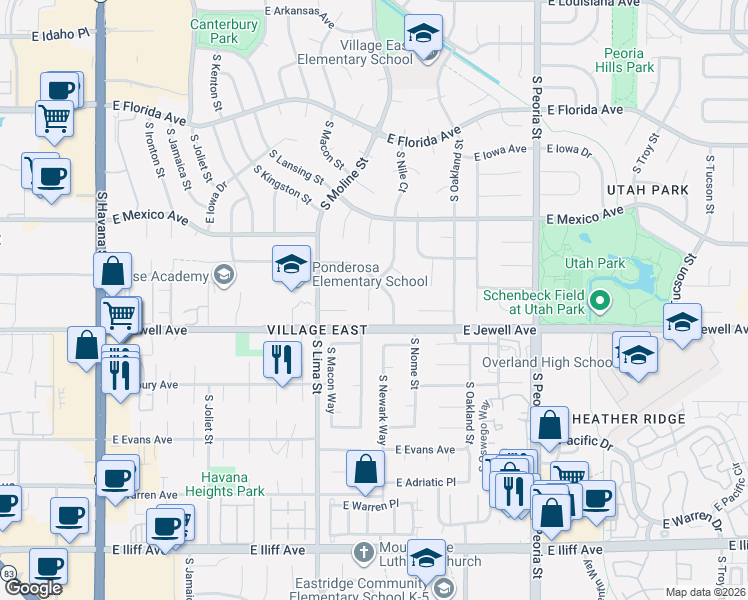 map of restaurants, bars, coffee shops, grocery stores, and more near 1879 South Nile Court in Aurora