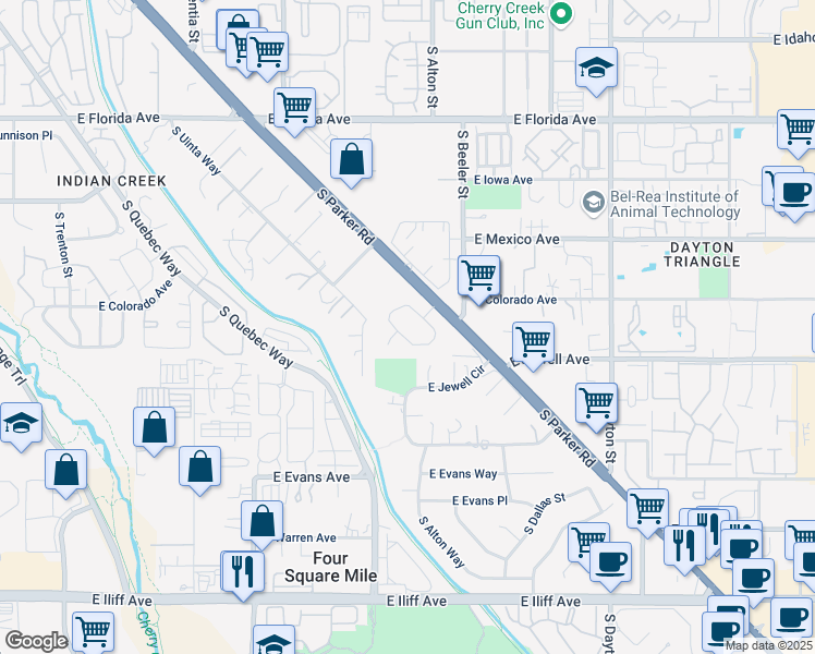 map of restaurants, bars, coffee shops, grocery stores, and more near 9035 East Colorado Circle in Denver