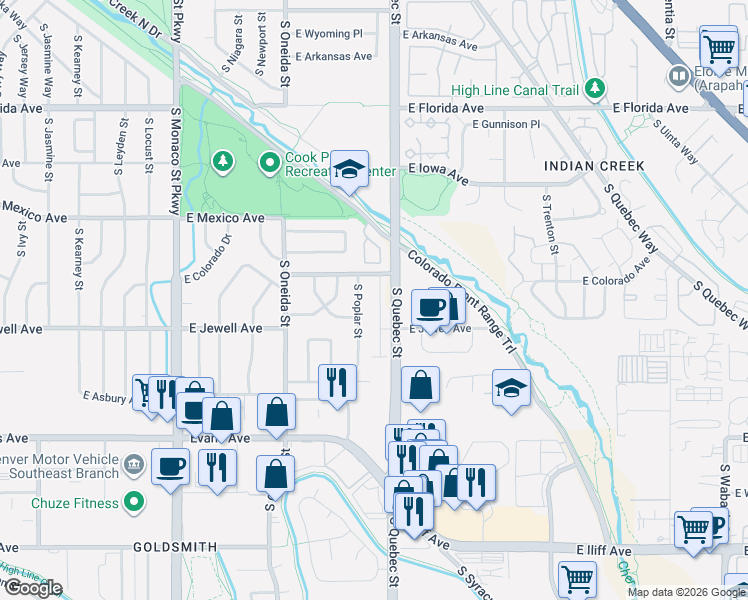 map of restaurants, bars, coffee shops, grocery stores, and more near 7210 East Colorado Avenue in Denver