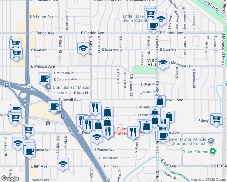 map of restaurants, bars, coffee shops, grocery stores, and more near 1883 South Filbert Court in Denver