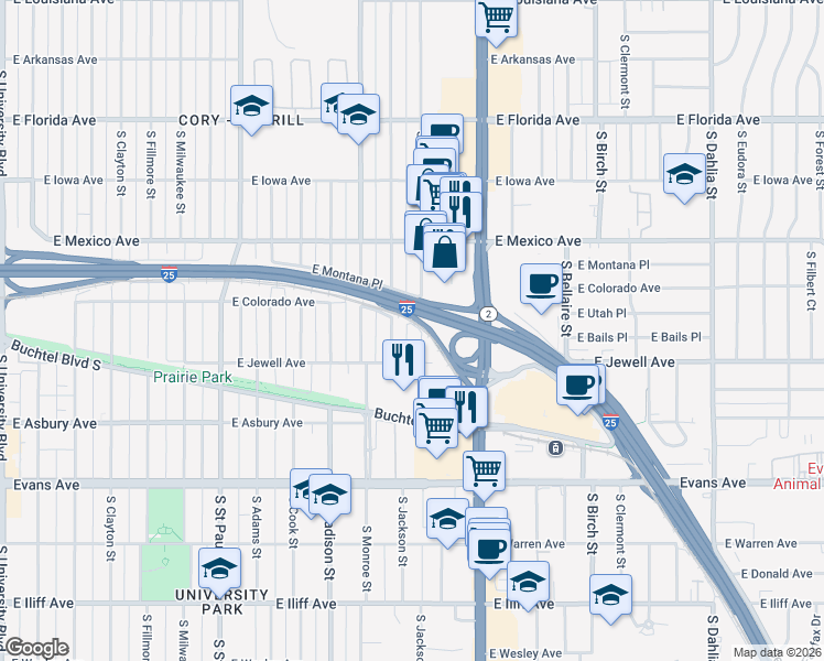 map of restaurants, bars, coffee shops, grocery stores, and more near 1871 South Jackson Street in Denver
