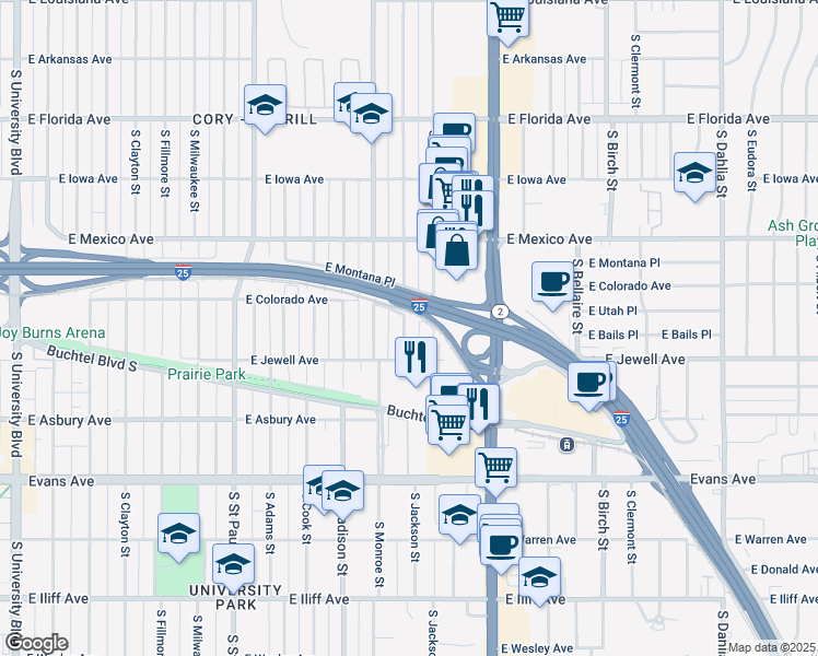 map of restaurants, bars, coffee shops, grocery stores, and more near 1875 South Garfield Street in Denver