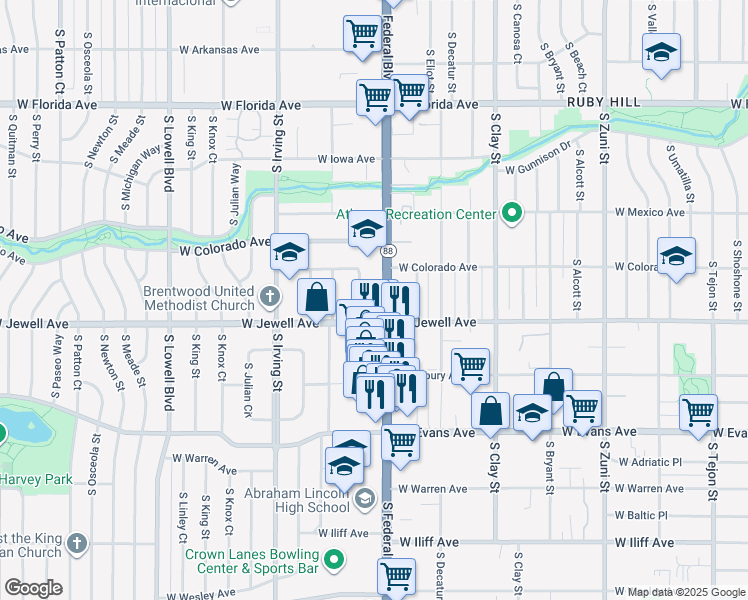 map of restaurants, bars, coffee shops, grocery stores, and more near 1895 Colorado 88 in Denver