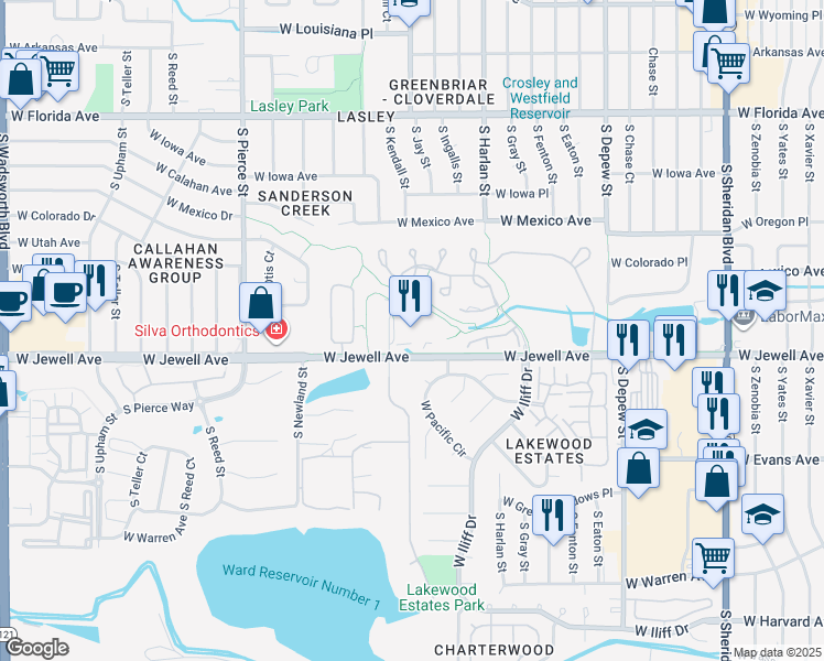 map of restaurants, bars, coffee shops, grocery stores, and more near 6263 West Jewell Avenue in Lakewood