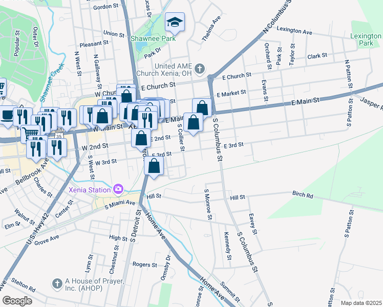 map of restaurants, bars, coffee shops, grocery stores, and more near 217 South Collier Street in Xenia