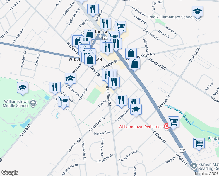 map of restaurants, bars, coffee shops, grocery stores, and more near 357 South Main Street in Monroe Township