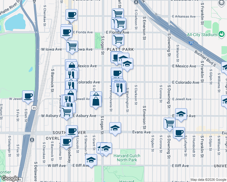 map of restaurants, bars, coffee shops, grocery stores, and more near 1879 South Pennsylvania Street in Denver