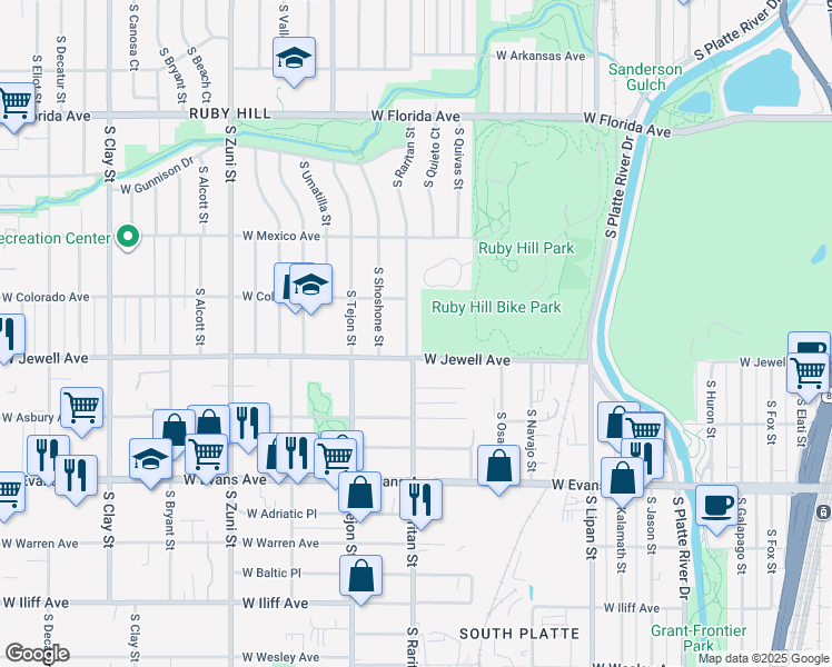 map of restaurants, bars, coffee shops, grocery stores, and more near 1895 South Raritan Street in Denver