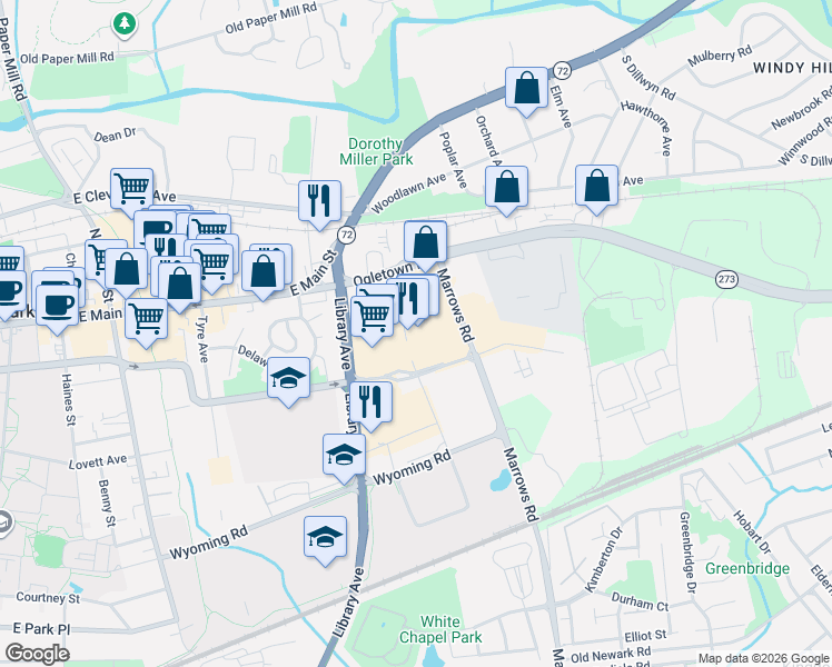 map of restaurants, bars, coffee shops, grocery stores, and more near 280 College Square in Newark