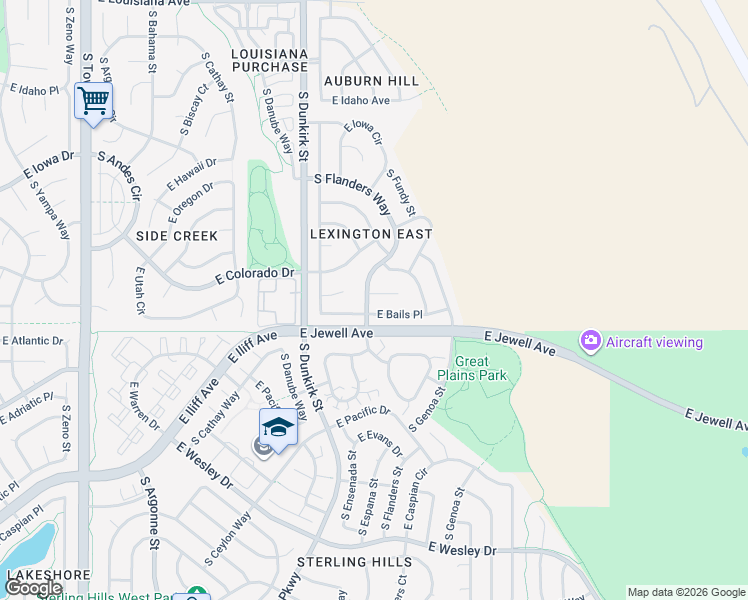 map of restaurants, bars, coffee shops, grocery stores, and more near 19608 East Bails Place in Aurora