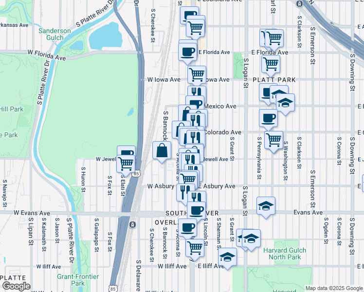 map of restaurants, bars, coffee shops, grocery stores, and more near 1877 South Broadway in Denver
