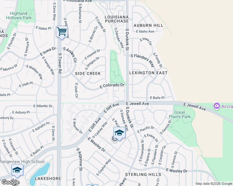map of restaurants, bars, coffee shops, grocery stores, and more near 1871 South Dunkirk Street in Aurora