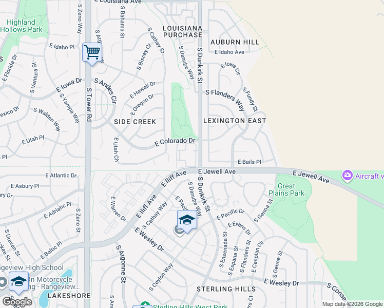 map of restaurants, bars, coffee shops, grocery stores, and more near in Aurora