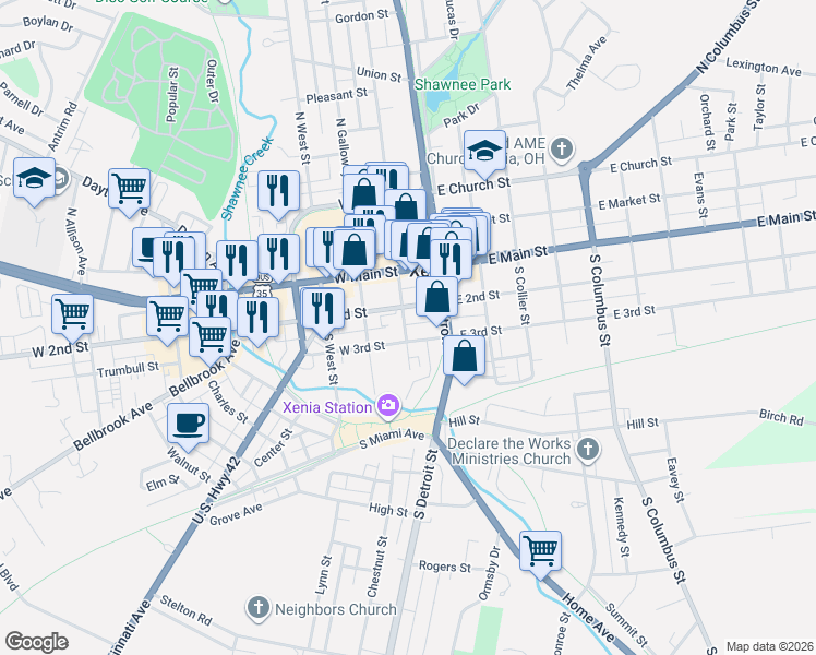 map of restaurants, bars, coffee shops, grocery stores, and more near 113 West 3rd Street in Xenia