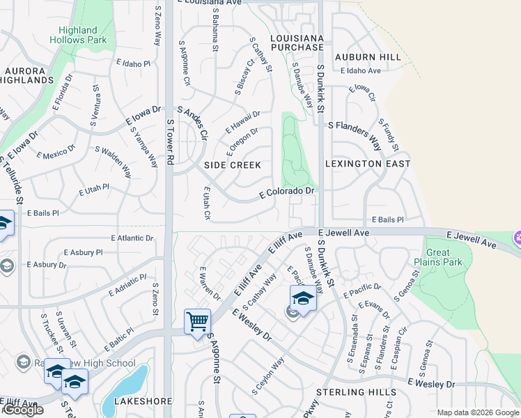 map of restaurants, bars, coffee shops, grocery stores, and more near 18890 East Utah Circle in Aurora