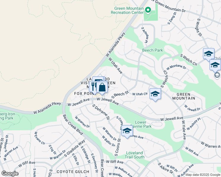 map of restaurants, bars, coffee shops, grocery stores, and more near 1894 South Cole Street in Lakewood