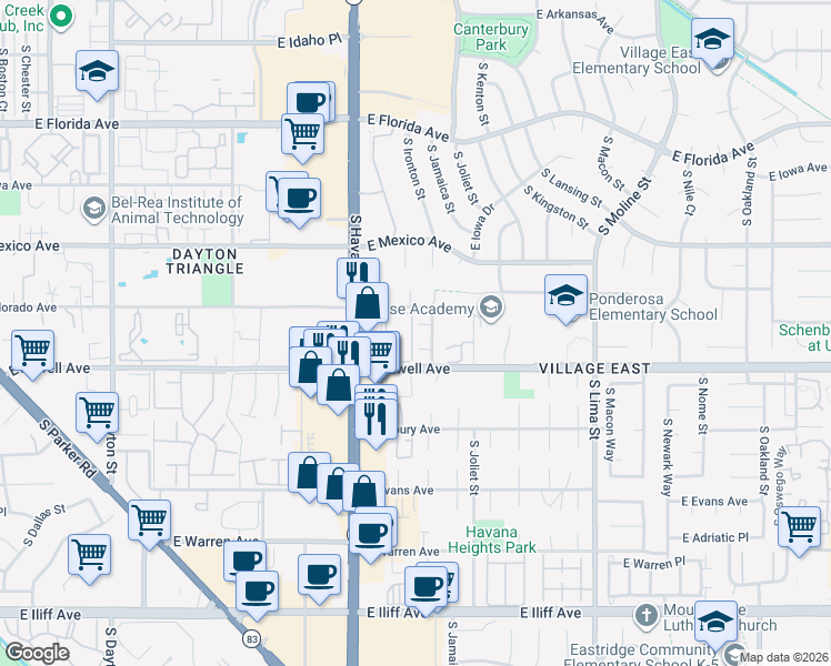 map of restaurants, bars, coffee shops, grocery stores, and more near 10648 East Bails Place in Aurora