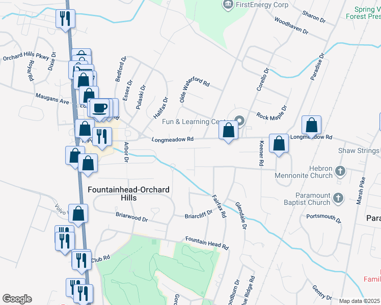 map of restaurants, bars, coffee shops, grocery stores, and more near 13324 Canterbury Drive in Hagerstown