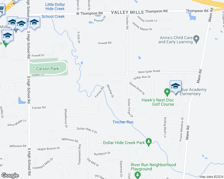 map of restaurants, bars, coffee shops, grocery stores, and more near 5607 Winship Drive in Indianapolis
