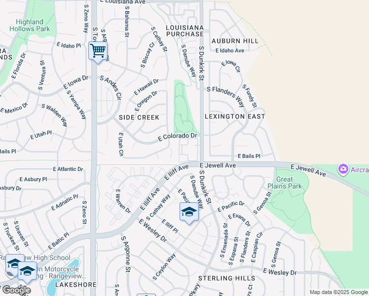 map of restaurants, bars, coffee shops, grocery stores, and more near 1851 South Dunkirk Street in Aurora