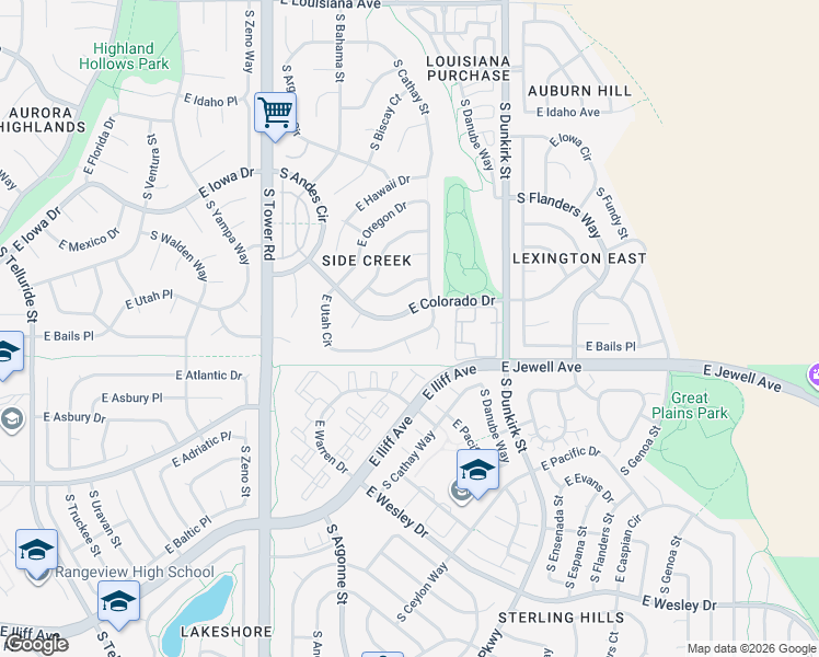 map of restaurants, bars, coffee shops, grocery stores, and more near 18890 East Utah Circle in Aurora