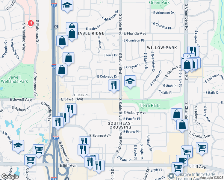 map of restaurants, bars, coffee shops, grocery stores, and more near 14493 South Sable Boulevard in Aurora