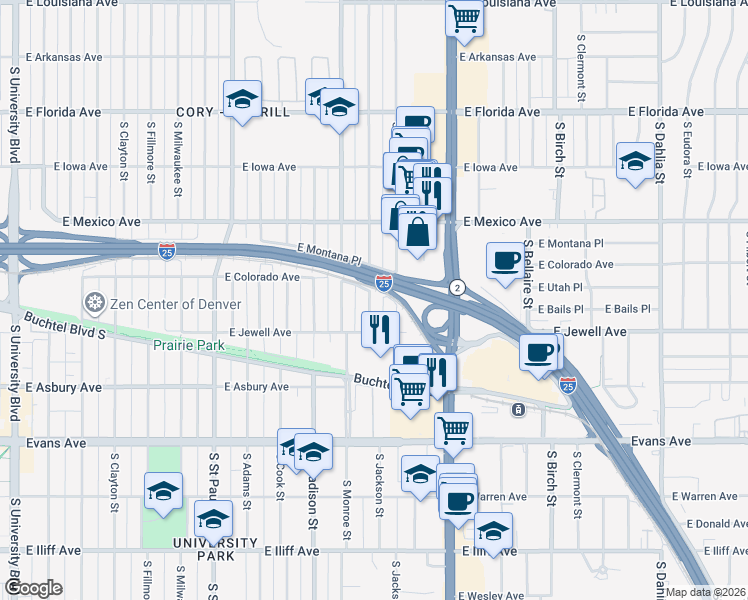 map of restaurants, bars, coffee shops, grocery stores, and more near 1875 South Garfield Street in Denver
