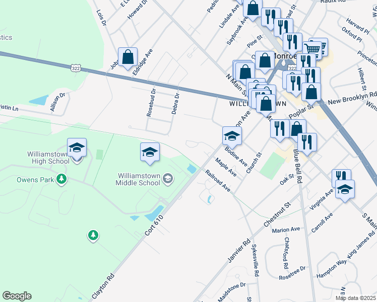 map of restaurants, bars, coffee shops, grocery stores, and more near 612 Brandywine Drive in Monroe