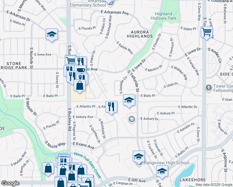 map of restaurants, bars, coffee shops, grocery stores, and more near 1830 South Salida Circle in Aurora