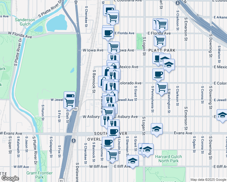 map of restaurants, bars, coffee shops, grocery stores, and more near 1881 South Lincoln Street in Denver