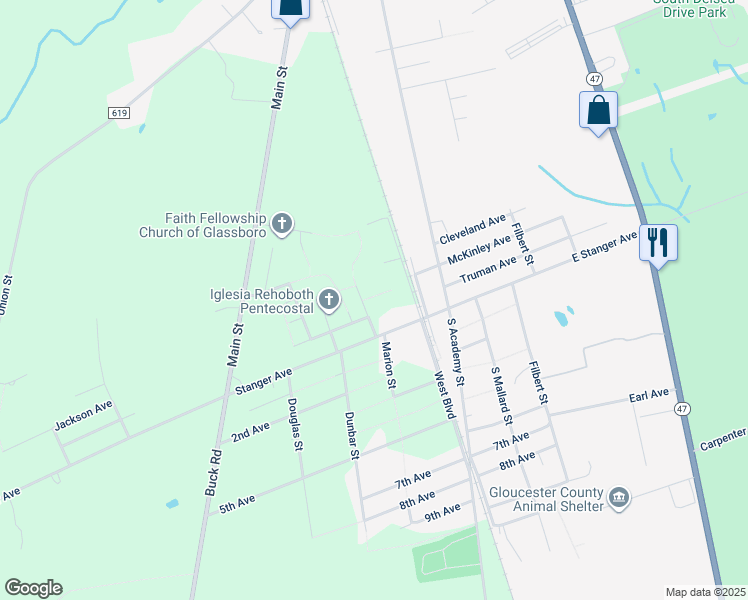 map of restaurants, bars, coffee shops, grocery stores, and more near 537 Marion Street in Glassboro