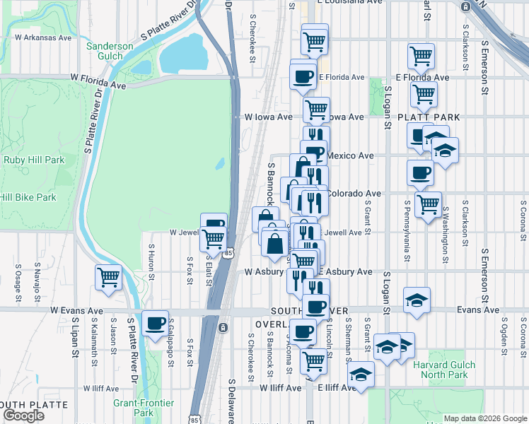 map of restaurants, bars, coffee shops, grocery stores, and more near 1805 South Bannock Street in Denver