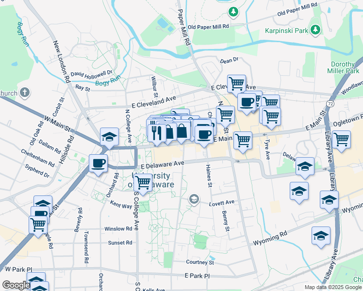 map of restaurants, bars, coffee shops, grocery stores, and more near 83 East Main Street in Newark