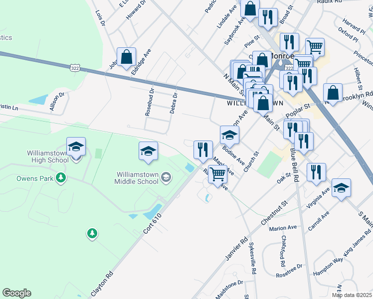 map of restaurants, bars, coffee shops, grocery stores, and more near 612 Brandywine Drive in Monroe
