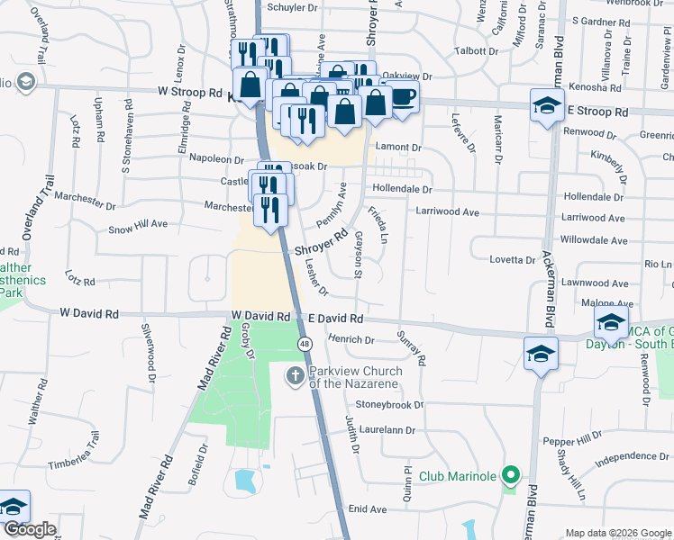 map of restaurants, bars, coffee shops, grocery stores, and more near 301 Lesher Drive in Dayton