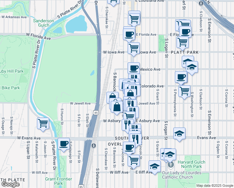 map of restaurants, bars, coffee shops, grocery stores, and more near in Denver