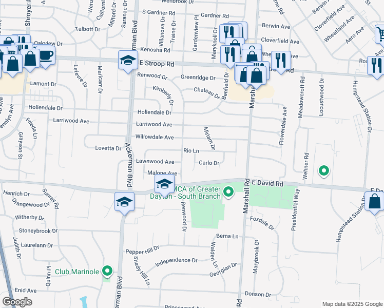 map of restaurants, bars, coffee shops, grocery stores, and more near 4364 Renwood Drive in Dayton