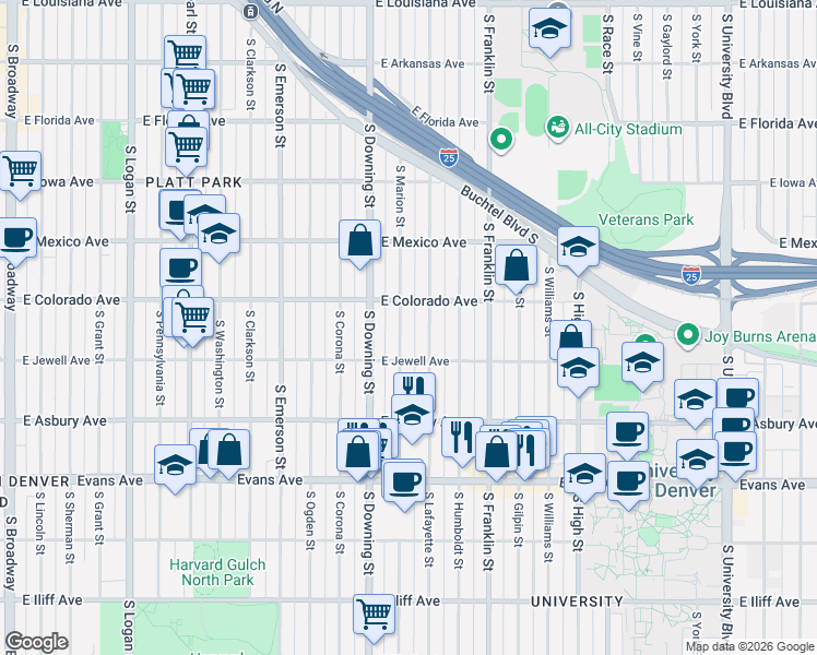 map of restaurants, bars, coffee shops, grocery stores, and more near 1875 South Lafayette Street in Denver