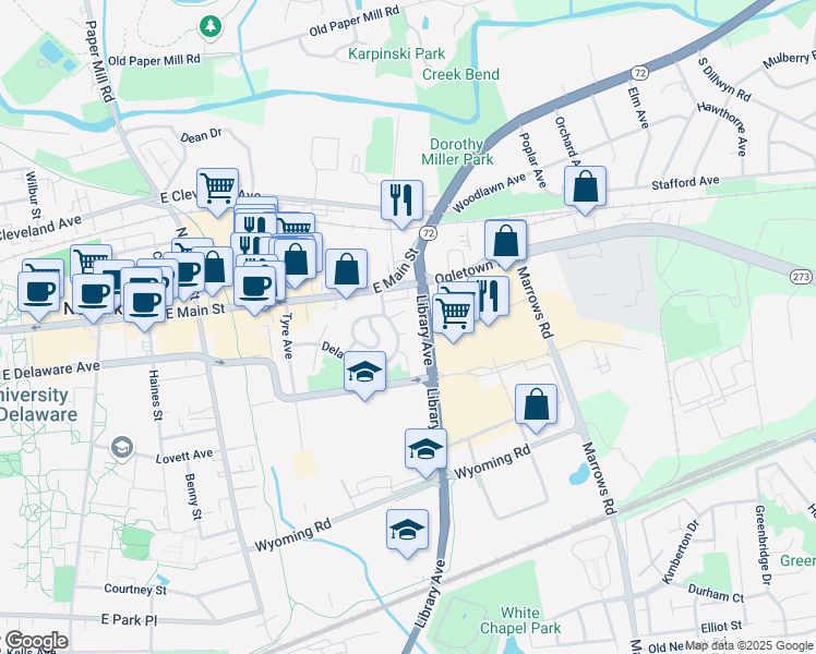 map of restaurants, bars, coffee shops, grocery stores, and more near 750 Library Avenue in Newark