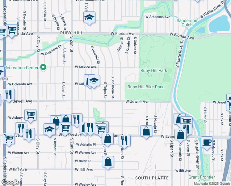 map of restaurants, bars, coffee shops, grocery stores, and more near 1895 South Raritan Street in Denver