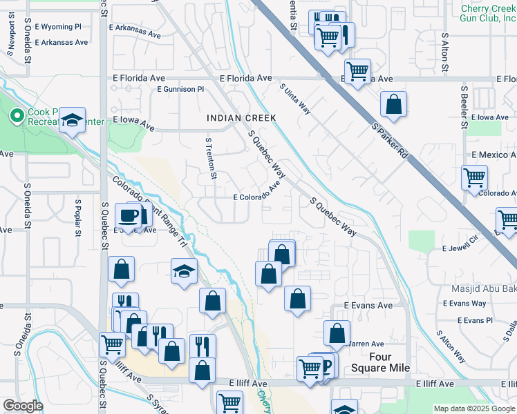 map of restaurants, bars, coffee shops, grocery stores, and more near 1811 South Quebec Way in Denver