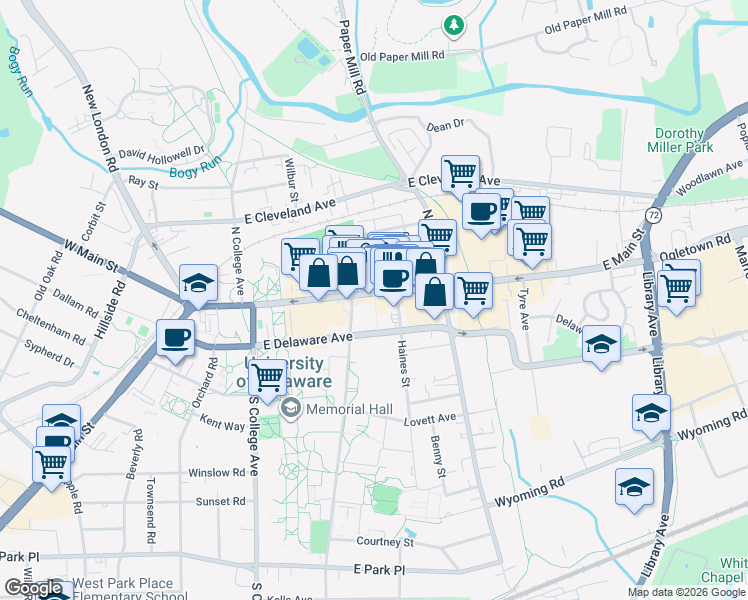 map of restaurants, bars, coffee shops, grocery stores, and more near 113 East Main Street in Newark