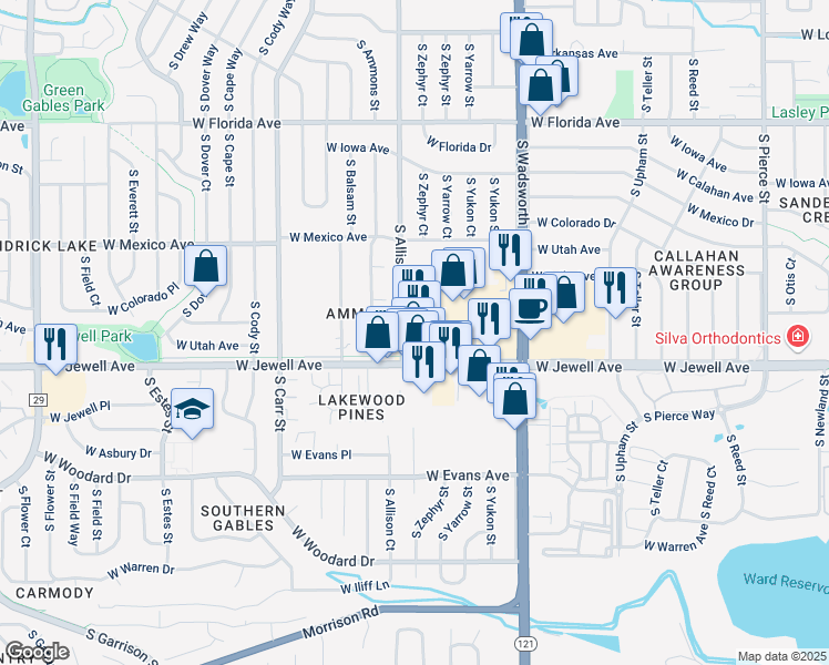 map of restaurants, bars, coffee shops, grocery stores, and more near 7827 West Jewell Avenue in Lakewood
